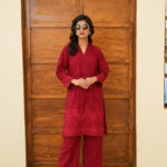 Crimson Bloom Embroidered Cotton 2-Piece Suit