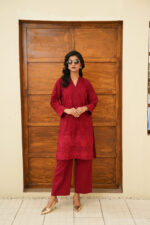 Crimson Bloom Embroidered Cotton 2-Piece Suit