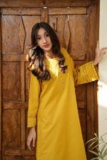 Mustard Ochre Embroidered Cotton 2-Piece Suit - Image 3
