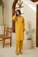 Mustard Ochre Embroidered Cotton 2-Piece Suit - Image 6