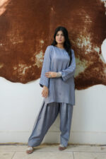 Steel Blue Luminous Silk 3-Piece Suit - Image 3